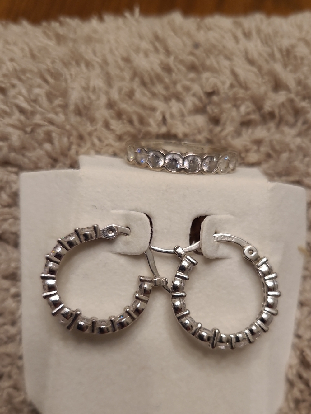 Silver Crystal Hoop Earrings and Band Ring Set - Silver cz 925 Size8 Ring